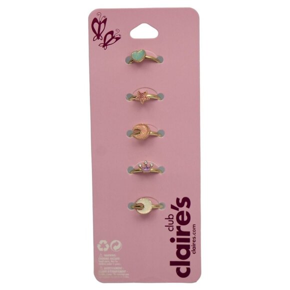 Claires Club Girls Ring Set of 5 Enamel Rings Adjustable Heart Star Moon Crown - Picture 1 of 7